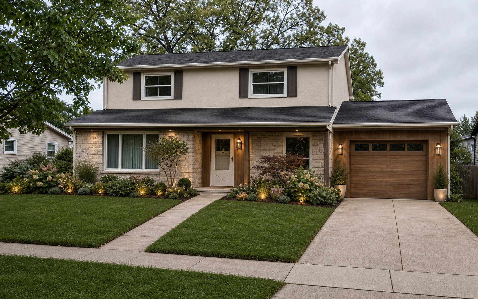 After image of the same suburban house exterior with luxury organic modern updates, cream stucco, stone facade, wood entry trim, wood garage door, paver walkway, layered planting beds, path lighting, healthier lawn, and preserved roofline, garage wing, window openings, porch, driveway, and camera angle.