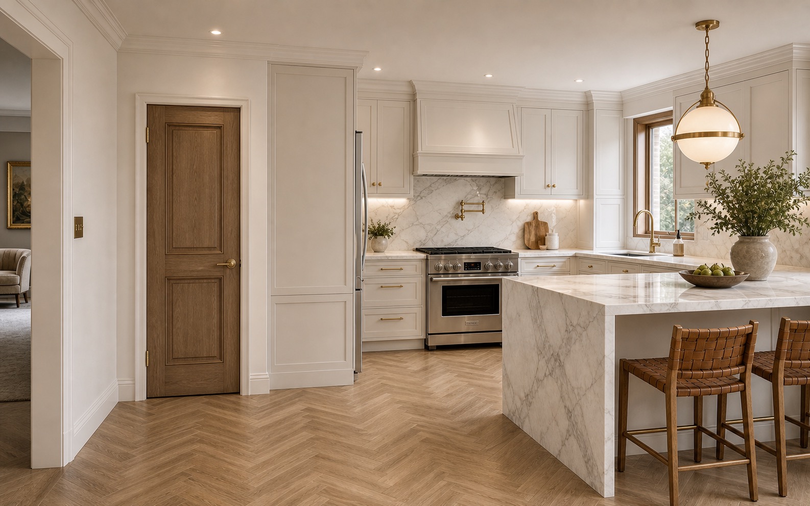 After image of the same kitchen with a Parisian luxury renovation, cream inset cabinetry, marble waterfall peninsula, herringbone white oak floors, full-height side-facing refrigerator column, and preserved door, window, appliance wall, and peninsula positions.