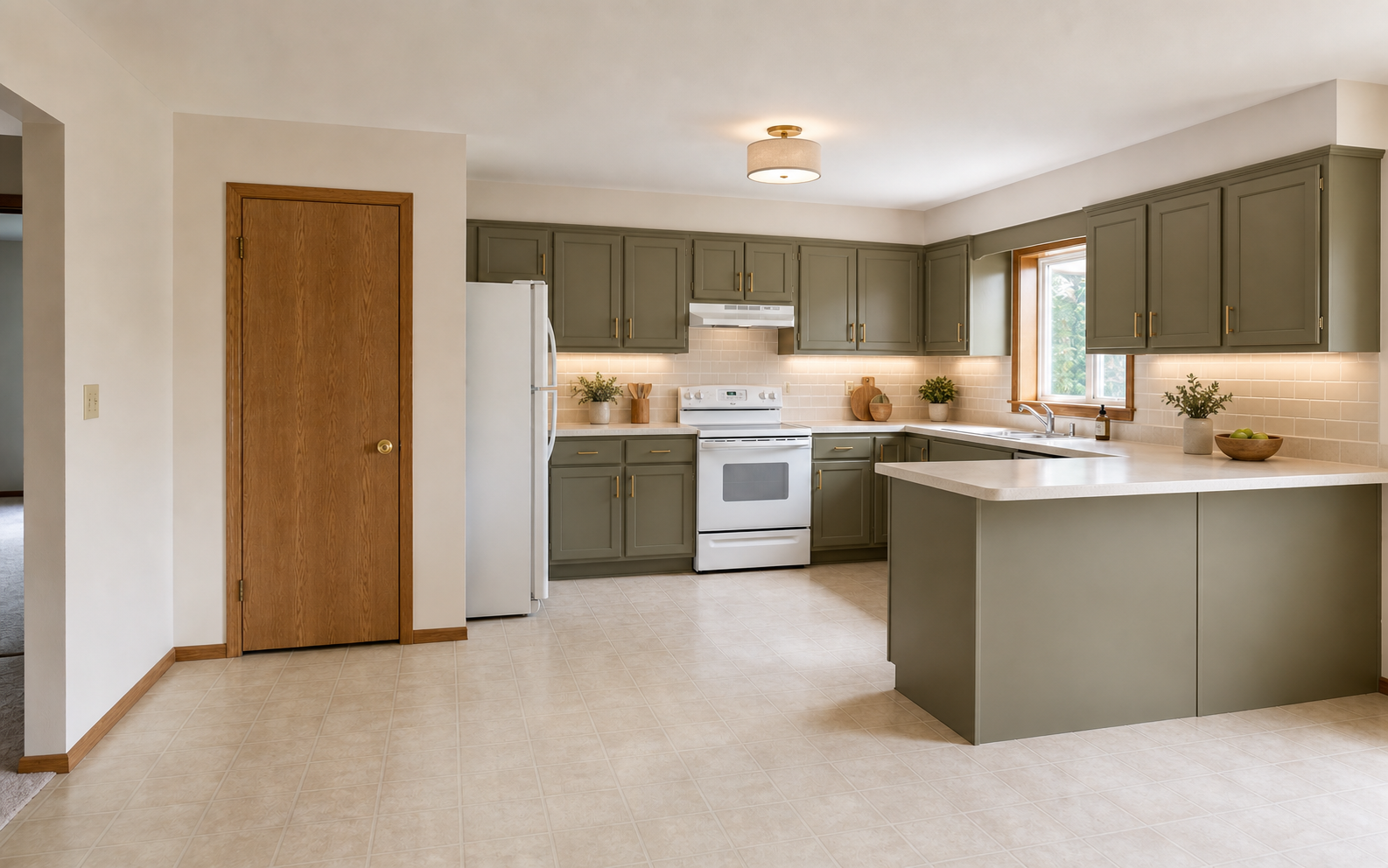 After image of the same kitchen with a modest cost-saving refresh, painted cabinets, retained appliance positions, retained floor, refreshed backsplash, and preserved door, window, cabinet, and peninsula layout.