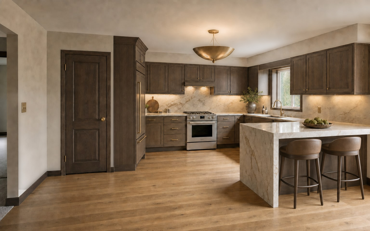 After image of the same kitchen with a custom luxury renovation, bespoke cabinetry, side-profile paneled refrigerator in the original bay, slab stone peninsula, counter stools, hand-set backsplash, hardwood floors, centered sculptural ceiling light, upgraded paneled door, warm wall finish, preserved soffit, and preserved door opening, window, appliance wall, and peninsula positions.