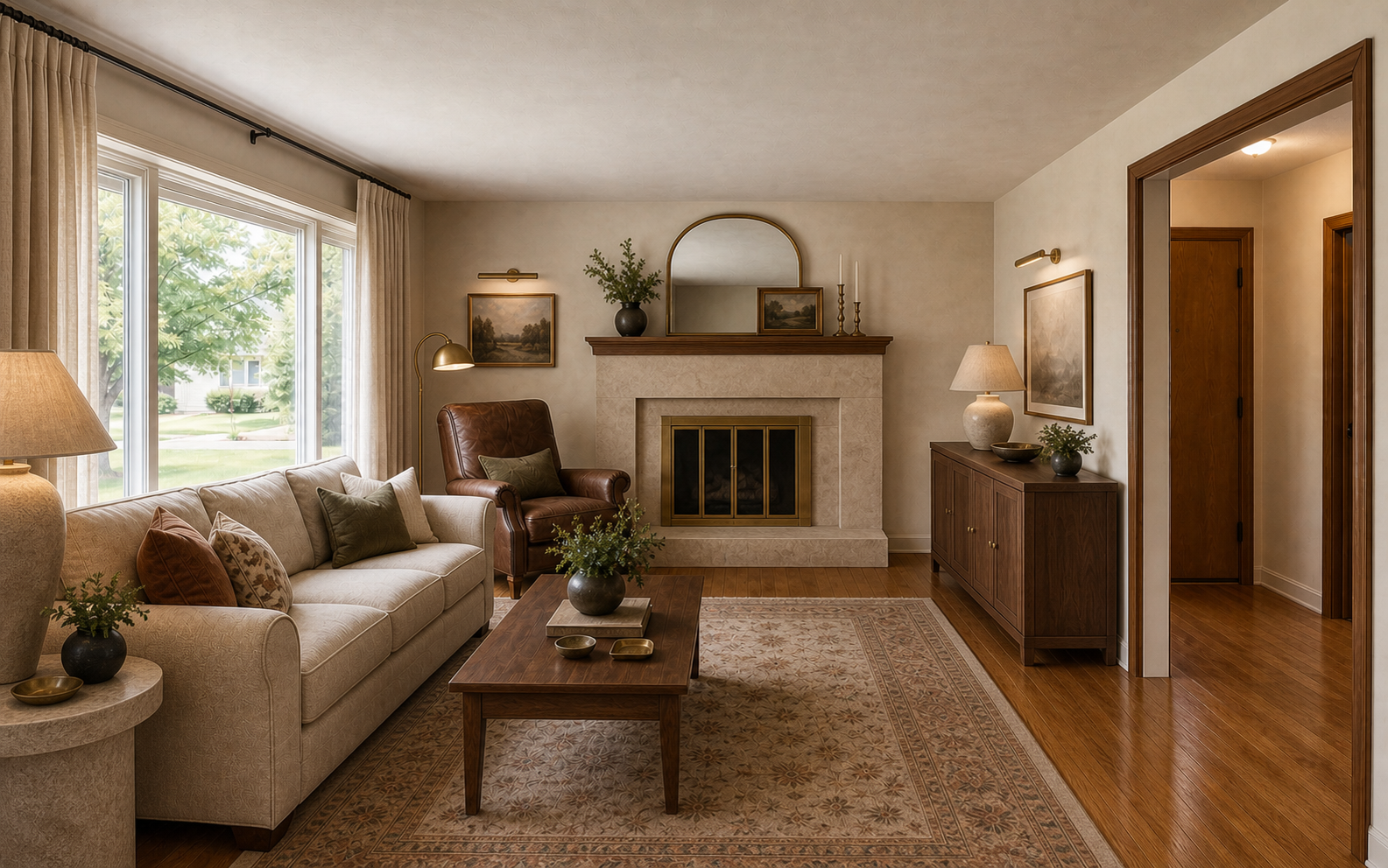 After image of the same living room with a warm quiet luxury renovation, honed stone fireplace finish, creamy plaster walls, linen drapery, tailored seating, walnut credenza, brass lighting, refined rug and decor, and preserved window wall, fireplace position, doorway, hallway opening, hardwood floor plane, and camera angle.