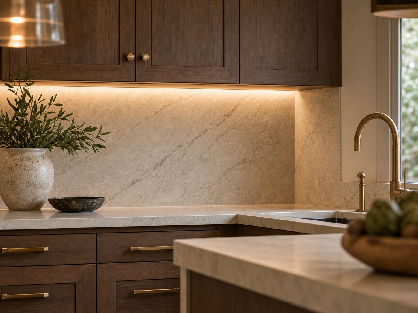 Close-up of walnut millwork, honed stone backsplash, brass hardware, warm under-cabinet lighting, and refined kitchen styling.