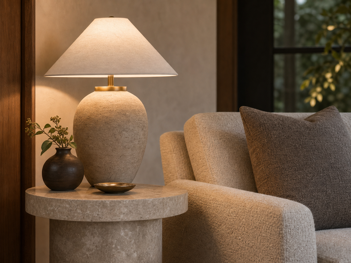 Close-up of a sculptural table lamp, stone side table, tailored sofa upholstery, and warm plaster wall in a luxury renovated living room.